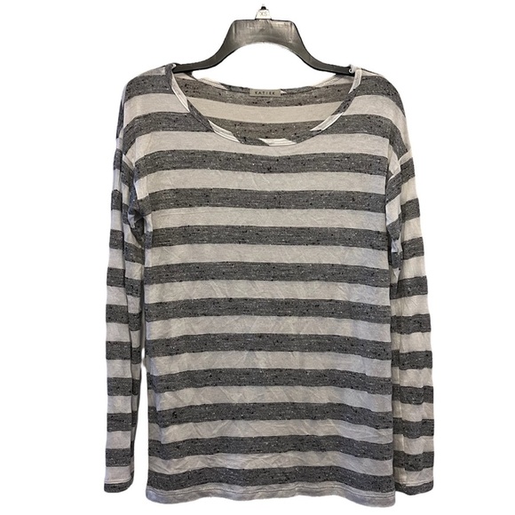 Katie K Long Sleeve Grey Chunky Stripes White Knit T-Shirt - Picture 1 of 3